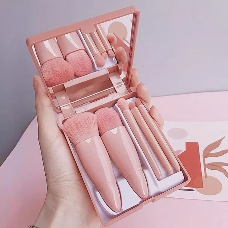 Kit de Pincéis para Maquiagem com Estojo e Espelho – 5 Peças Portátil