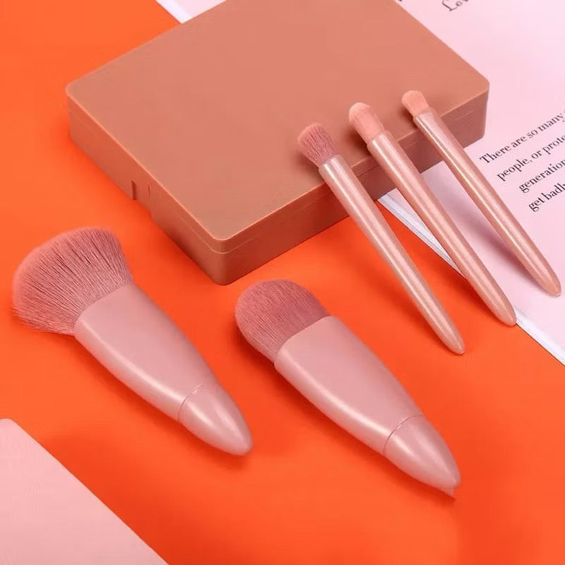 Kit de Pincéis para Maquiagem com Estojo e Espelho – 5 Peças Portátil